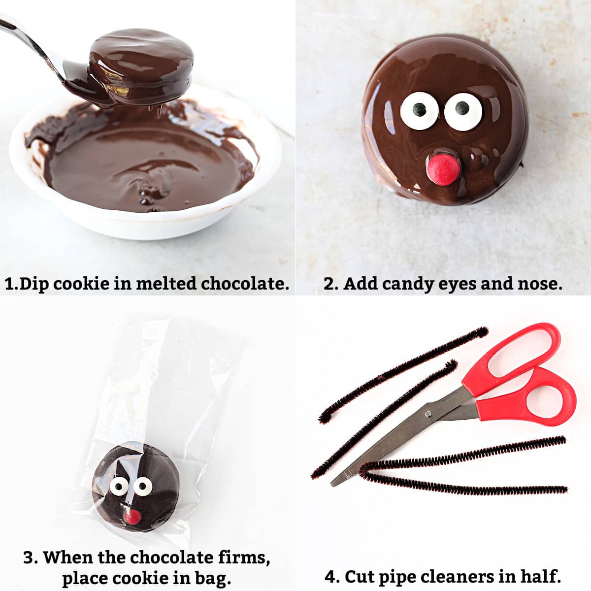 Instructions: dip cookie in chocolate, add  eyes and nose, put cookie in bag, cut pipe cleaners.