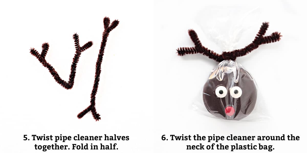 Instructions: twist pairs of pipe cleaners together, twist around neck of plastic bags.