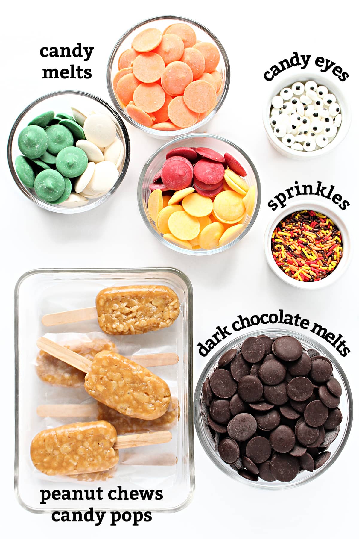ingredients: colored candy melts, dark chocolate melts, candy eyes, sprinkles, peanut chews candy pops.