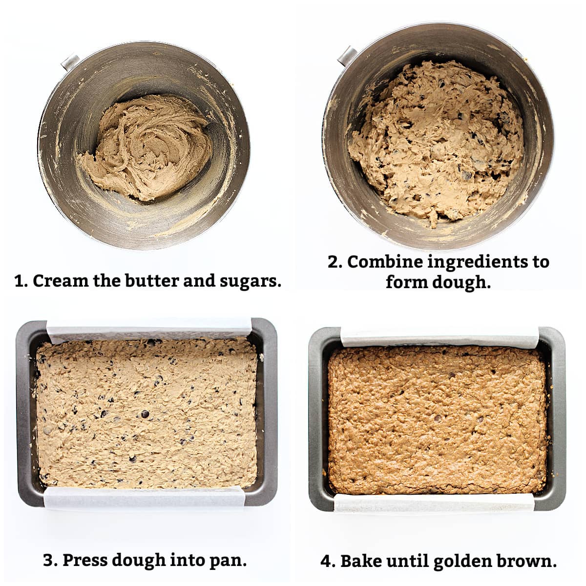 Instructions: cream butter and sugars, combine all ingredients to form dough, press into pan, bake.