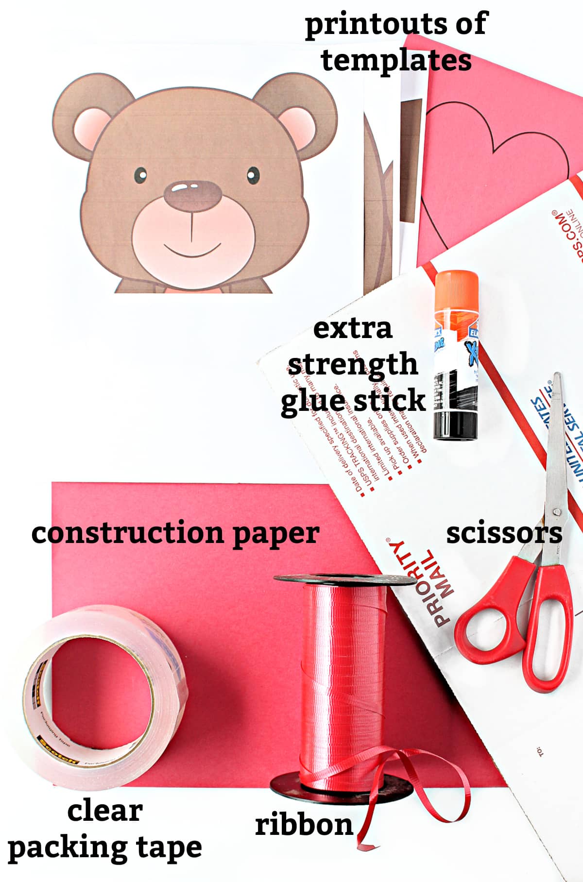 Materials: templates, glue stick, scissors,  construction paper, ribbon, clear packing tape.