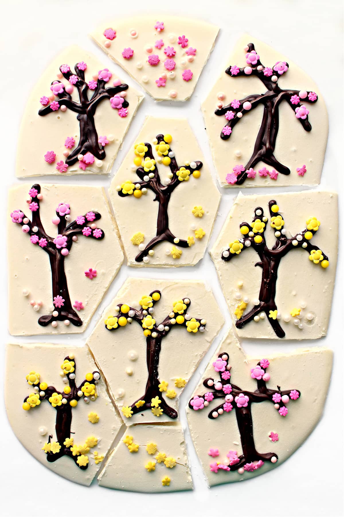 Chocolate Bark cut into pieces so that each serving includes one decorated tree design.