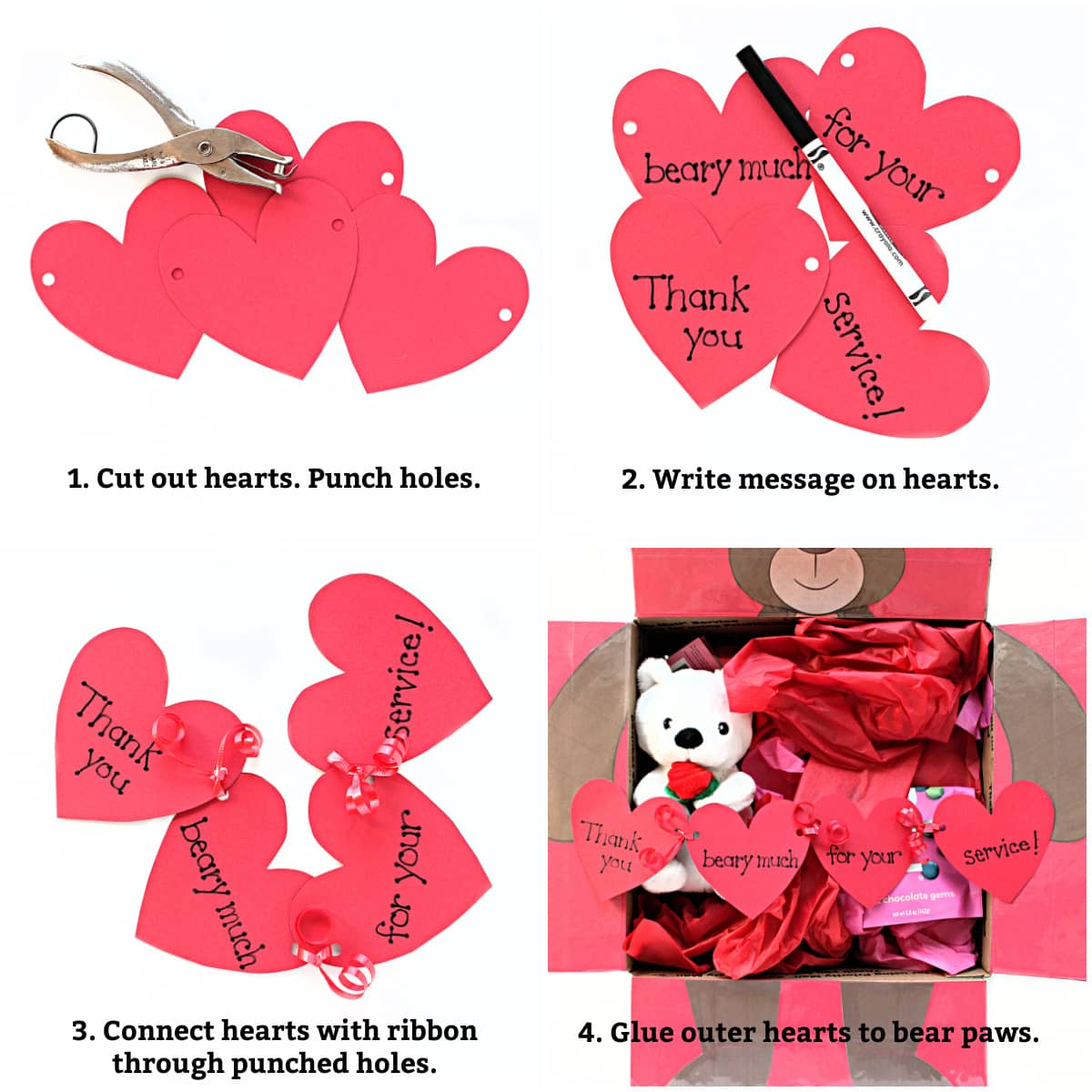 Instructions: cut out hearts, punch holes, write message, link with ribbon, glue outer hearts to paws.