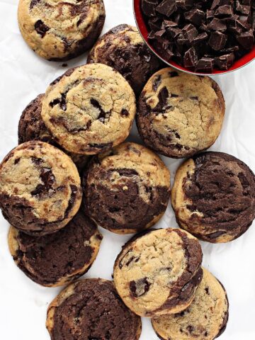 Chcolate and vanilla swirled cookies with melted chocolate chunks.