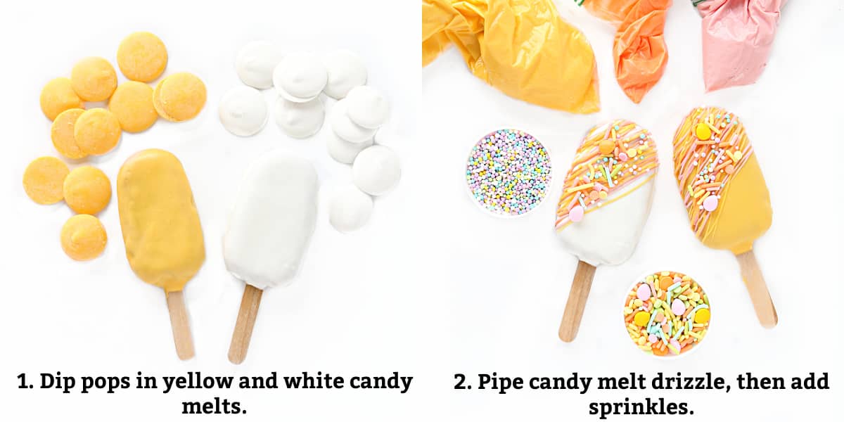 Drizzle instructions: dip pops, pipe candy melt drizzle, add sprinkles.