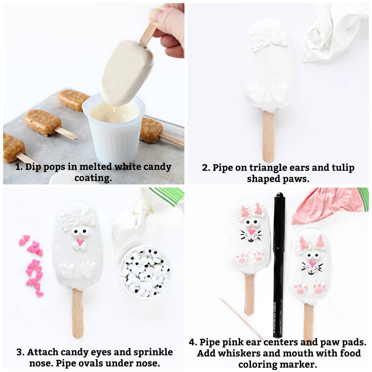 Bunny instructions: coat pops, pipe ears paws, add eyes, nose, cheeks, pipe pink details, draw whiskers.