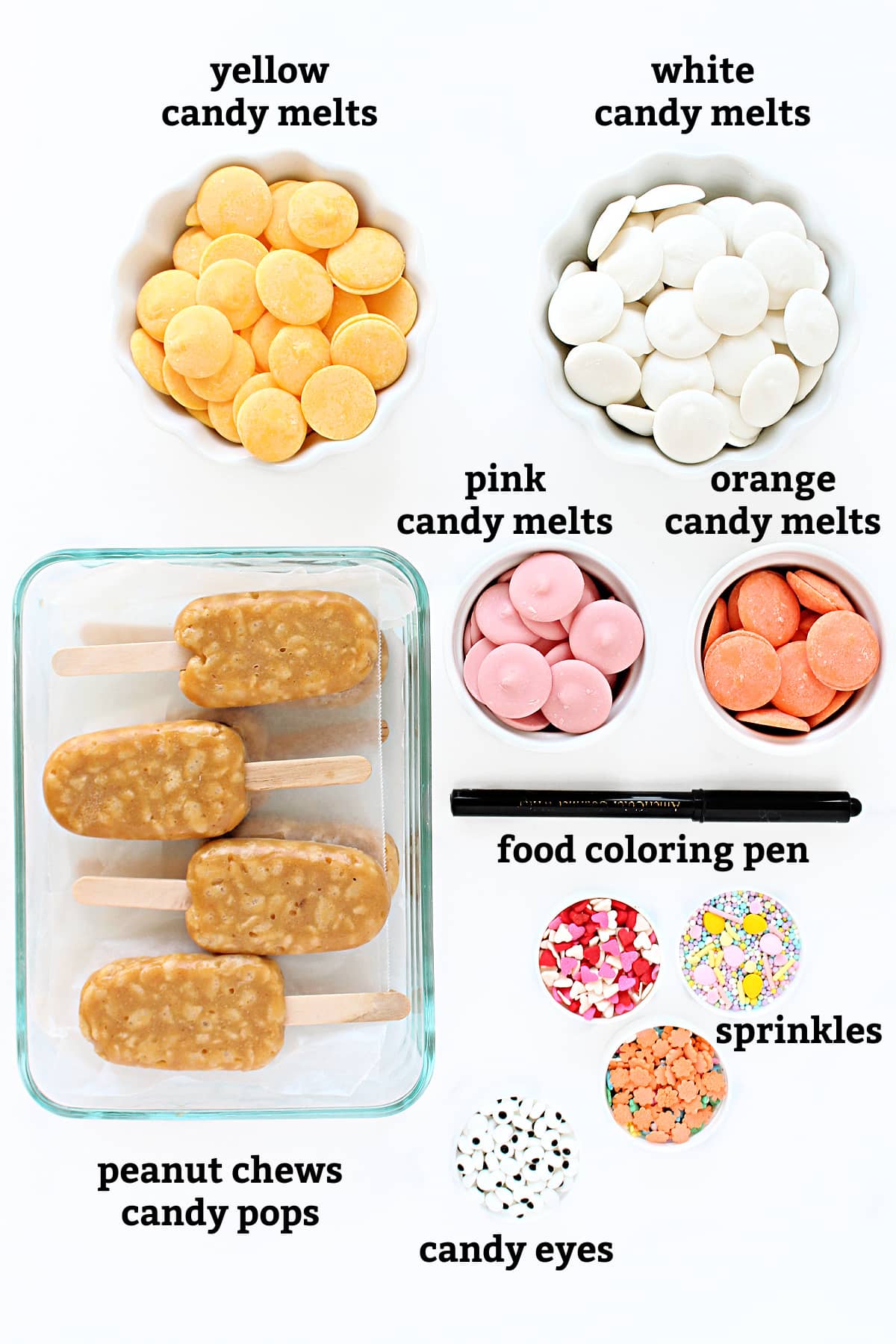 Ingredients: peanut chews pops, yellow, white, pink and orange candy melts, food coloring pen, sprinkles.