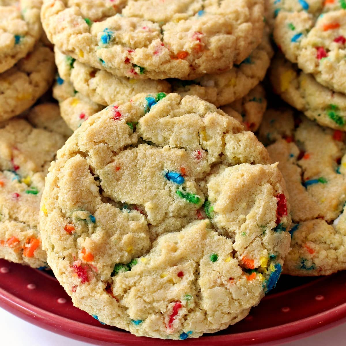 Closeup showing crackled cookie top and bright colored sprinkles baked into the dough.