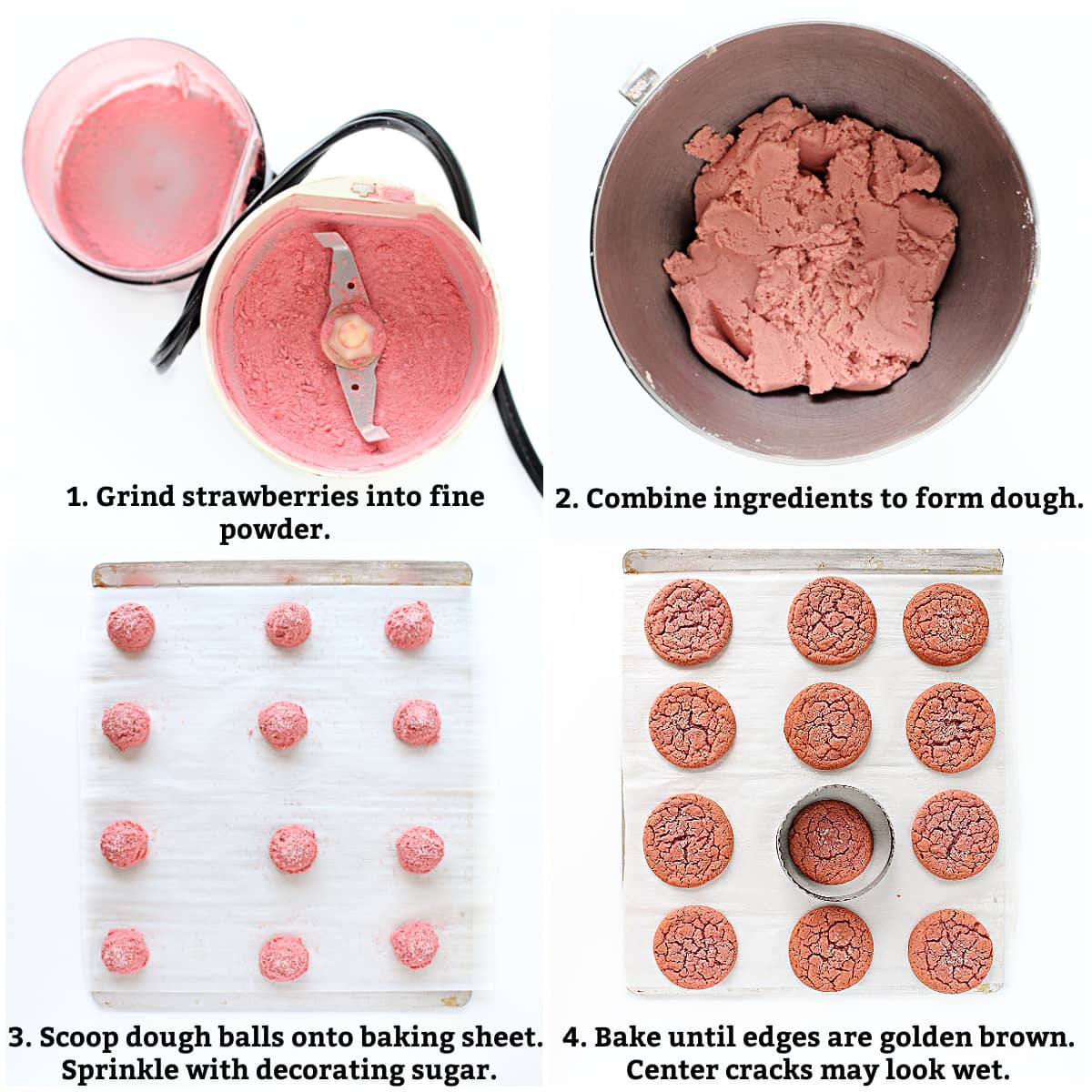 Instructions: grind dried strawberries, combine ingredients for dough, scoop balls onto baking sheet, sprinkle sugar, bake.