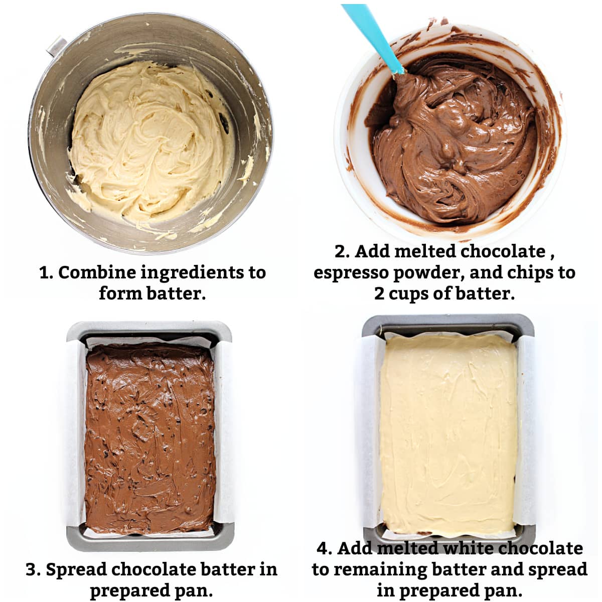 Instructions: combine ingredients, mix chocolate batter, spread chocolate layer in pan, top with vanilla layer.