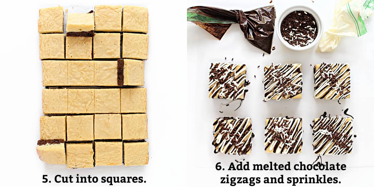 Decorating instructions: cut into squares, add melted chocolate zigzags and sprinkles.