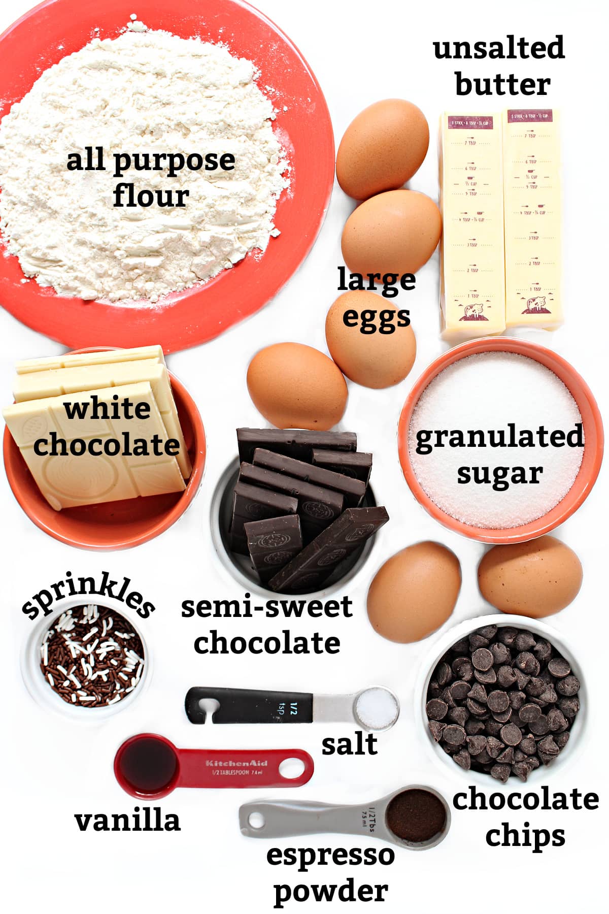 Ingredients: flour, eggs, butter, white chocolate, semi-sweet chocolate, sugar, chocolate chips, salt, vanilla, espresso powder, sprinkles.
