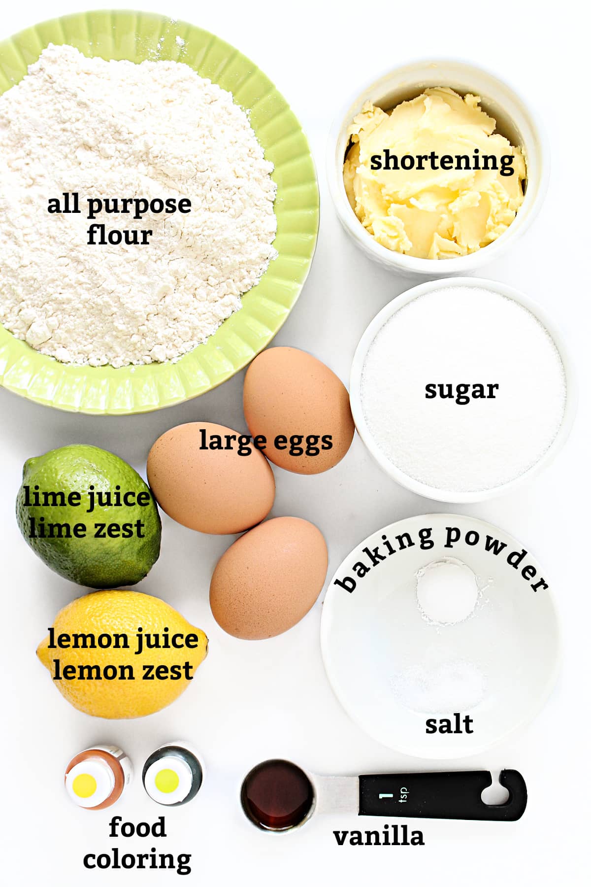 Ingredients: flour, shortening, sugar, eggs, lime zest/juice, lemon zest/juice, baking powder, salt, vanilla, coloring.