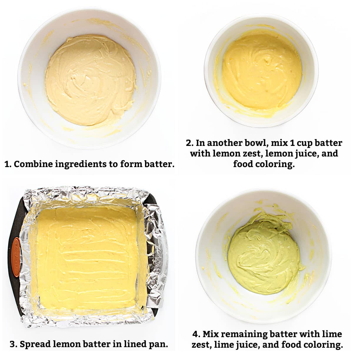 Instructions: combine batter ingredients, add lemon zest/juice to 1 cup batter, spread in pan, add lime zest/juice to remaining batter. 