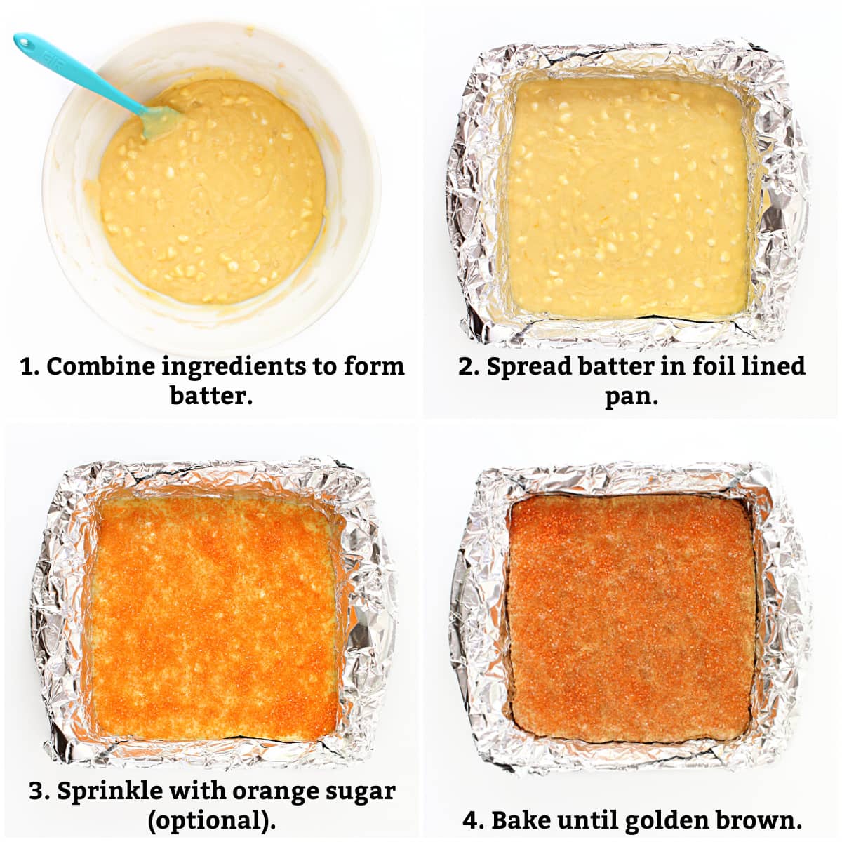 Instructions: combine ingredients to form batter, spread in pan, sprinkle decorating sugar on top, bake.