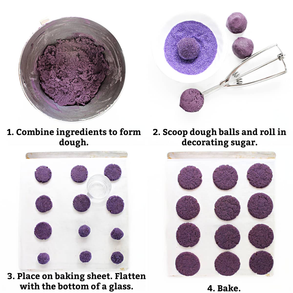 Instructions: combine ingredients, scoop dough balls, roll in sugar, flatten on baking sheet, bake.