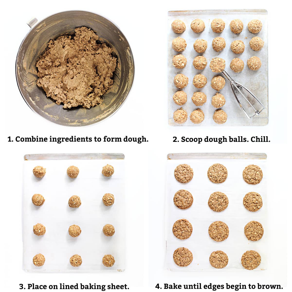 Cookie instructions: combine ingredients, scoop dough balls, chill, place on baking sheet, bake.