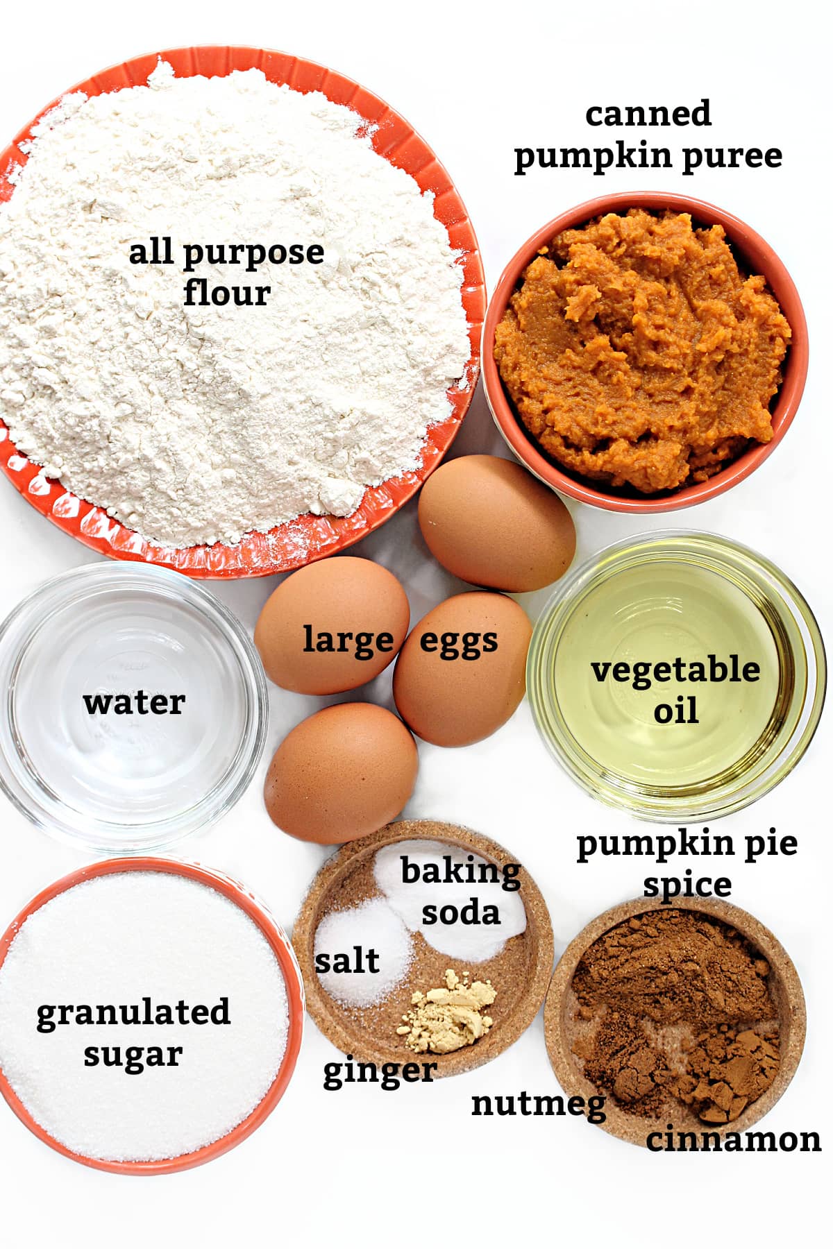 Ingredients: flour, pumpkin puree, eggs, oil, sugar, water, baking soda, salt, ginger, nutmeg, cinnamon, pumpkin spice.