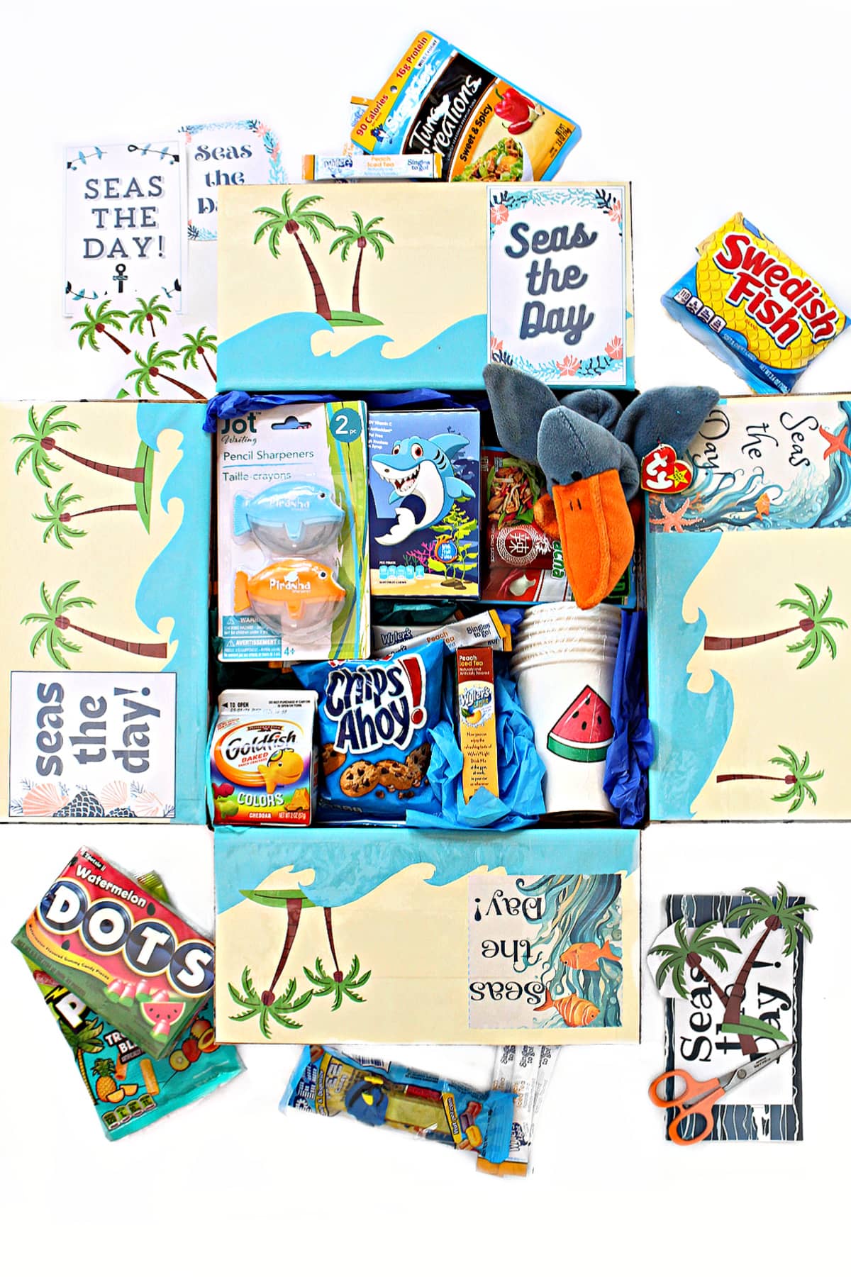 Care Package filled and decorated with a Seas the Day beach theme.