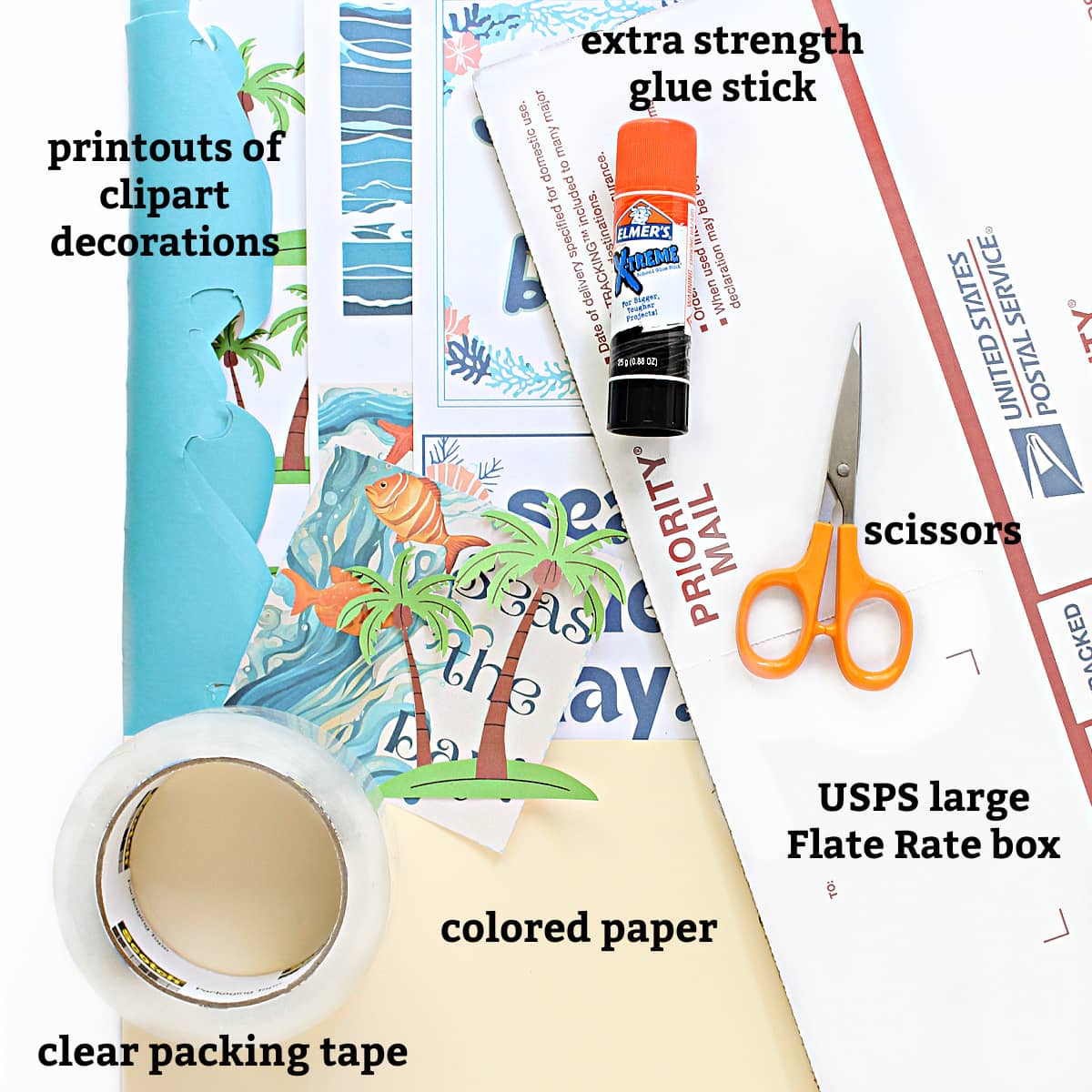 Materials: graphics printouts, blue paper, beige paper, glue stick, clear tape, scissors, large flat rate box.