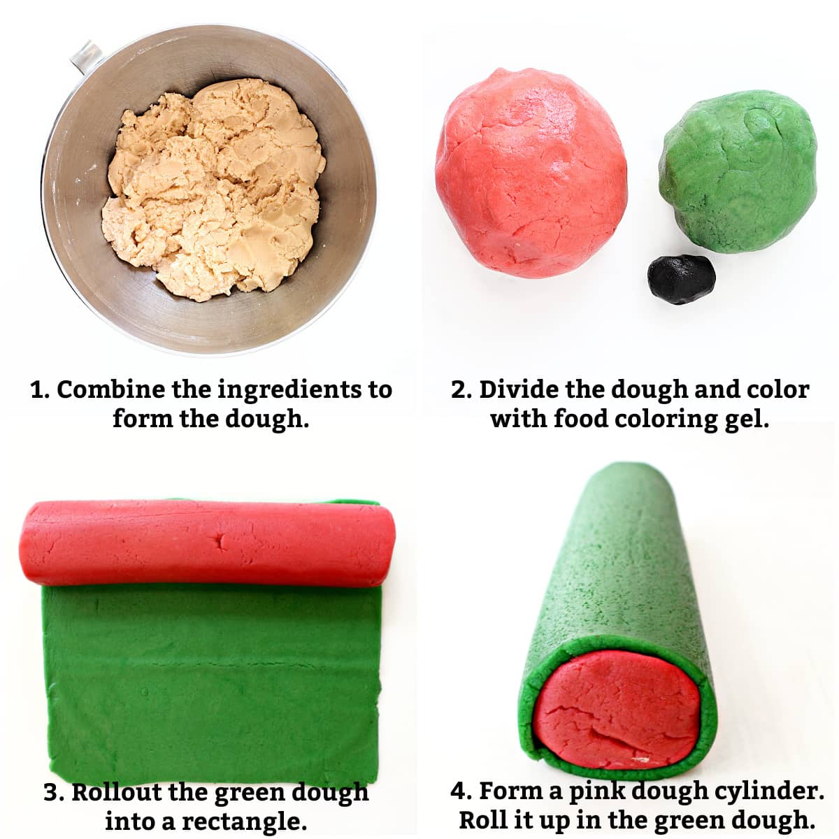 Instructions: combine ingredients for dough, color dough, rollout green dough and wrap around pink dough cylinder.