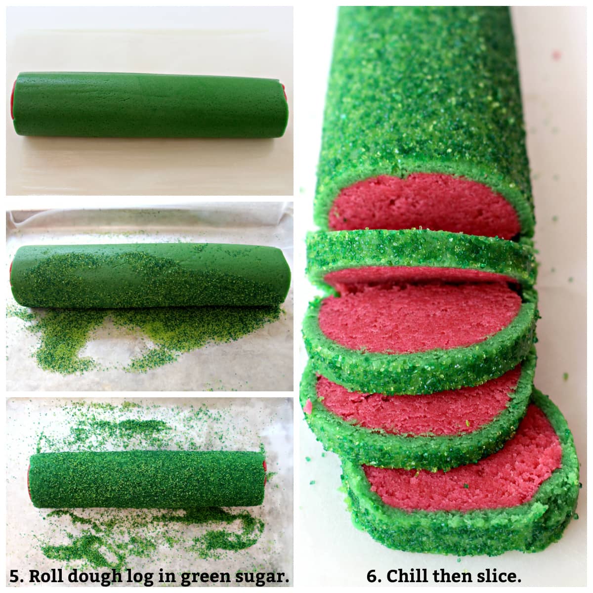 Instructions: Roll the green dough log in decorating sugar, then slice the dough log  into circular cookies.