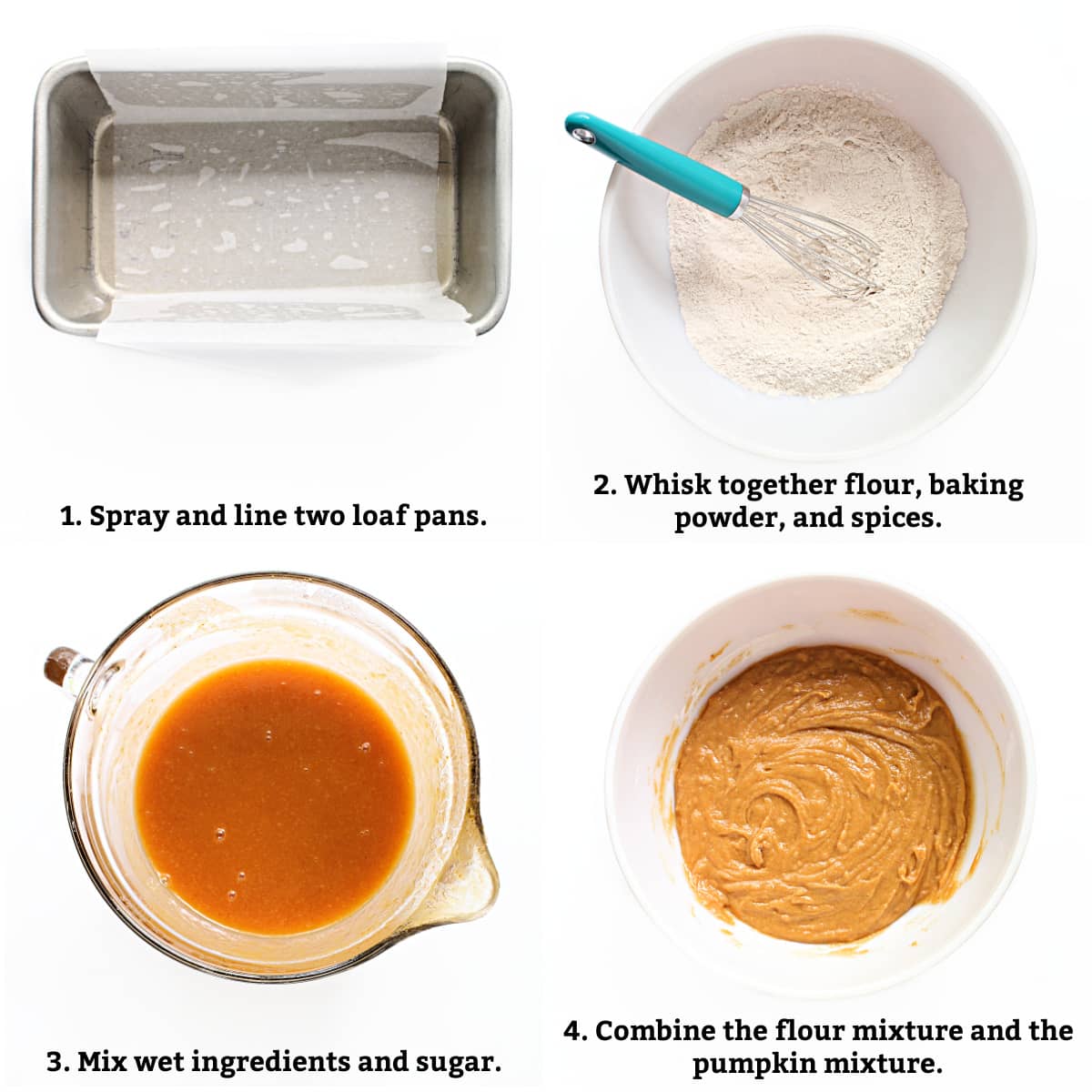 Instructions: line loaf pans, whisk dry ingredients, mix wet ingredients, combine to form batter.