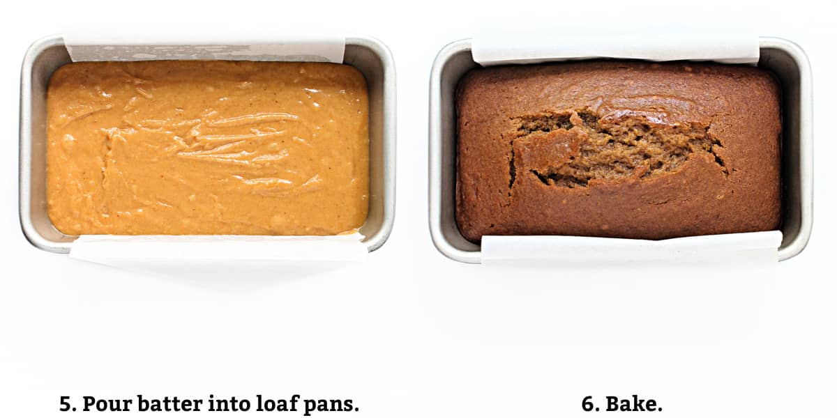 Instructions: pour batter into lined pans, bake.