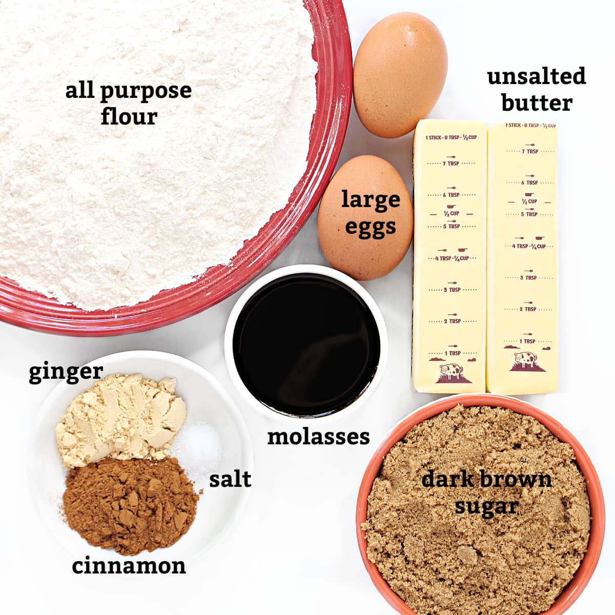 Cookie Ingredients: flour, large eggs, unsalted butter, molasses, dark brown sugar, ginger, cinnamon, salt.