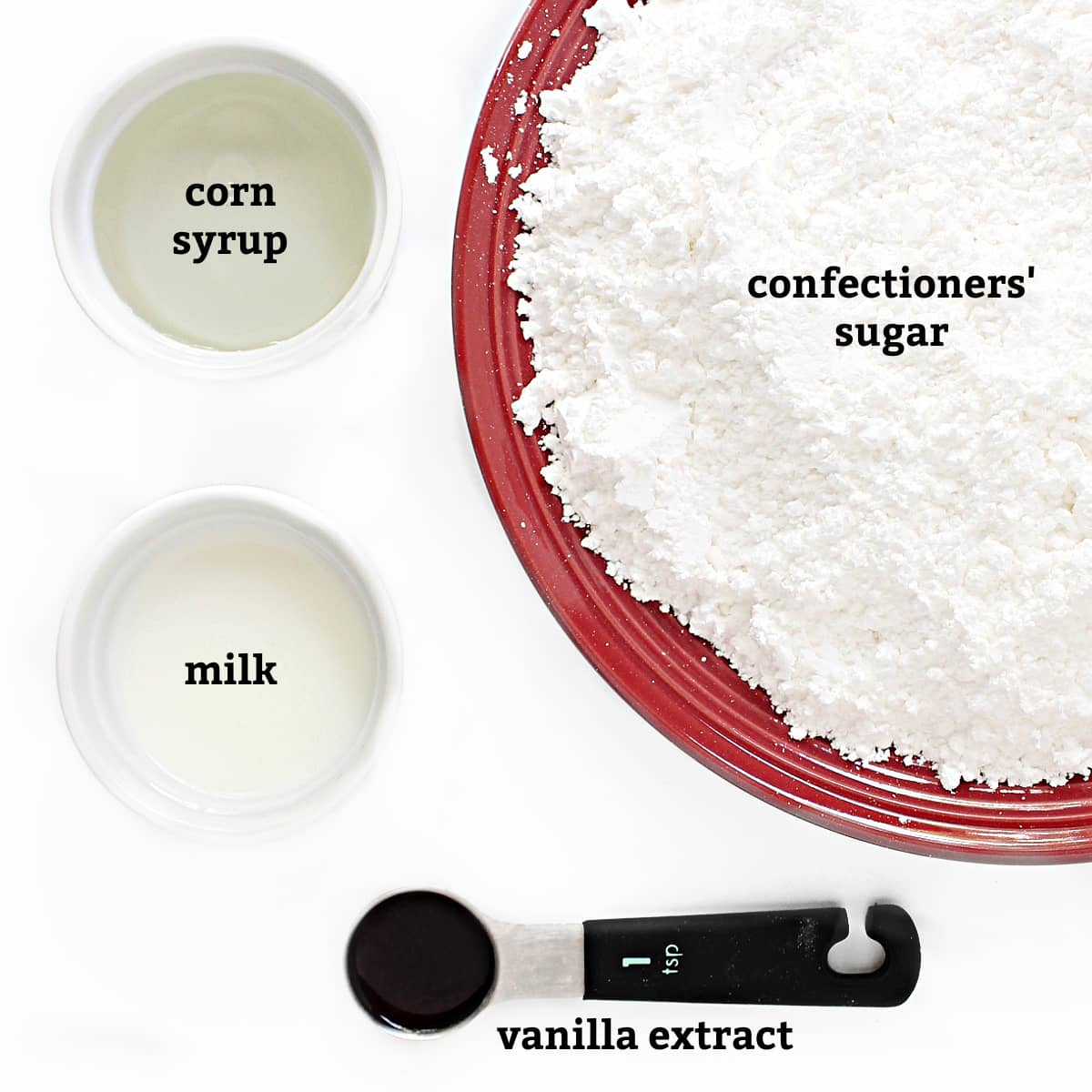 Icing ingredients: corn syrup, powdered sugar, milk, vanilla extract.