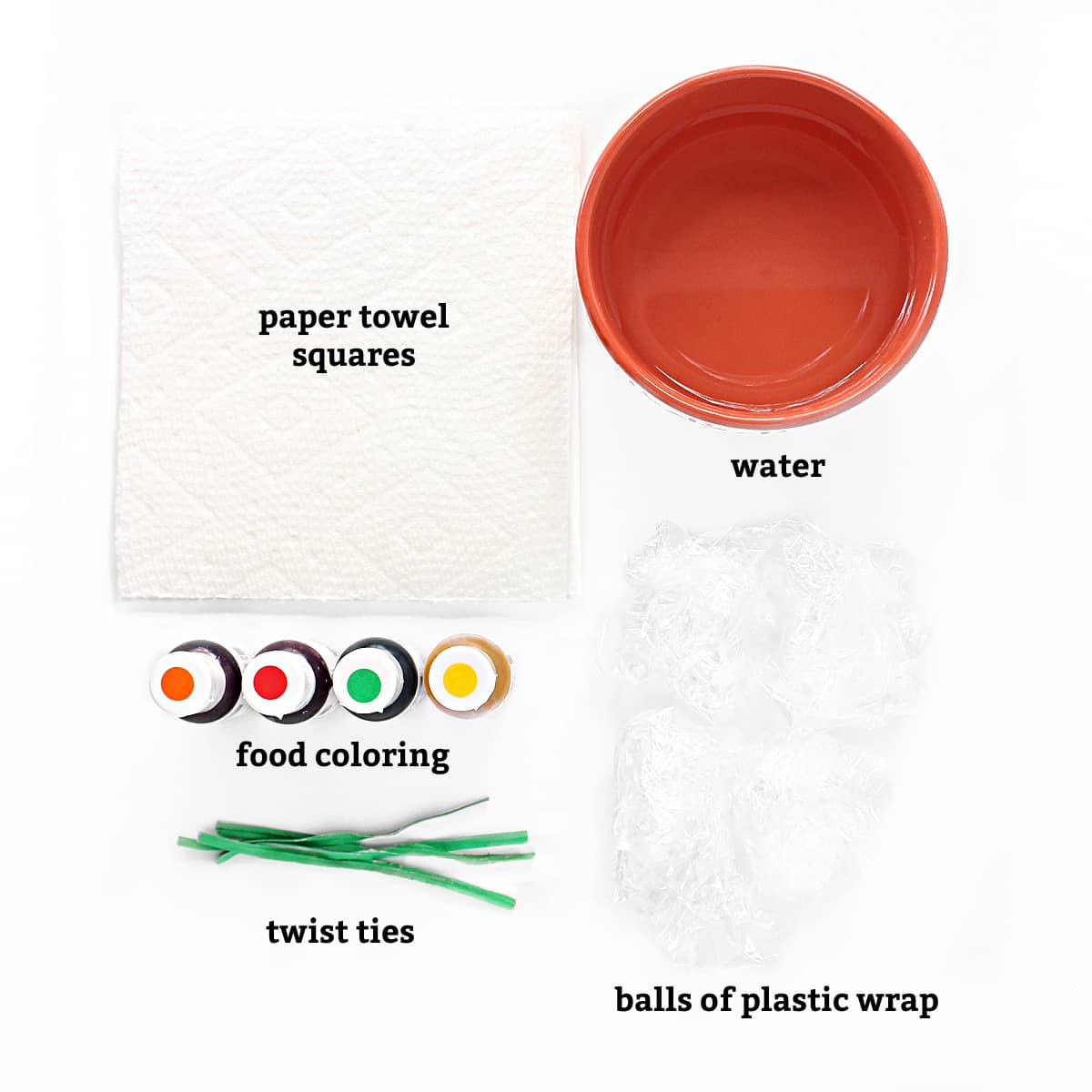 Painting materials: paper towel squares, food coloring, twist ties, balls of plastic wrap, water.