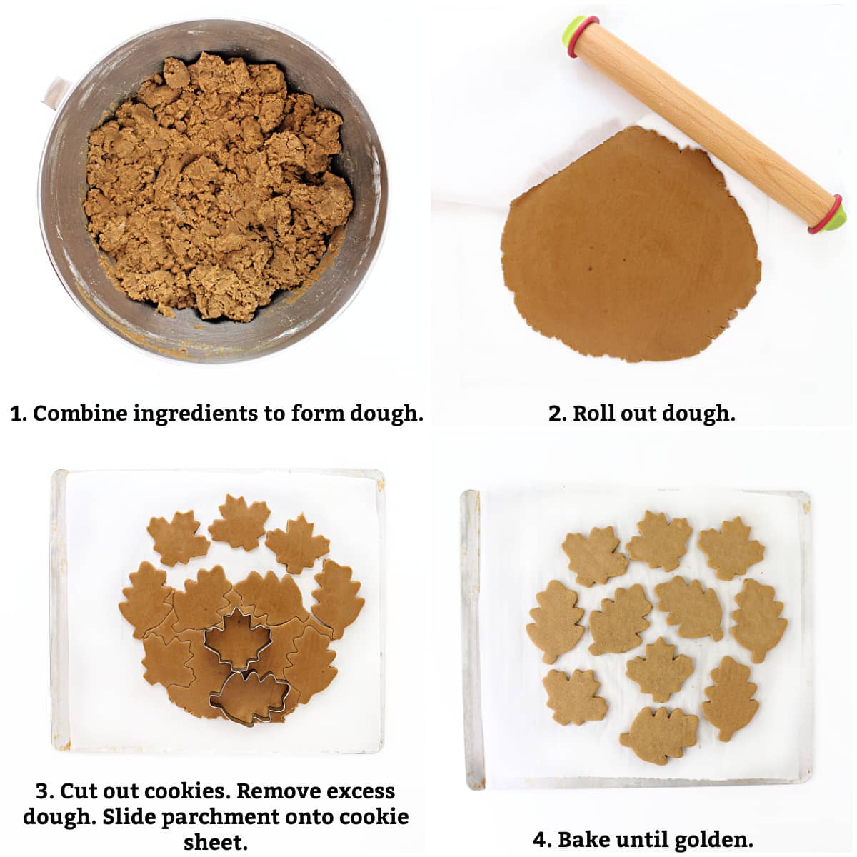 Cookie instructions: make dough, roll out dough, cut out cookies on parchment, bake until golden.