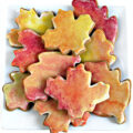 Gingerbread cookies cut out in leaf shapes iced with fall colors.