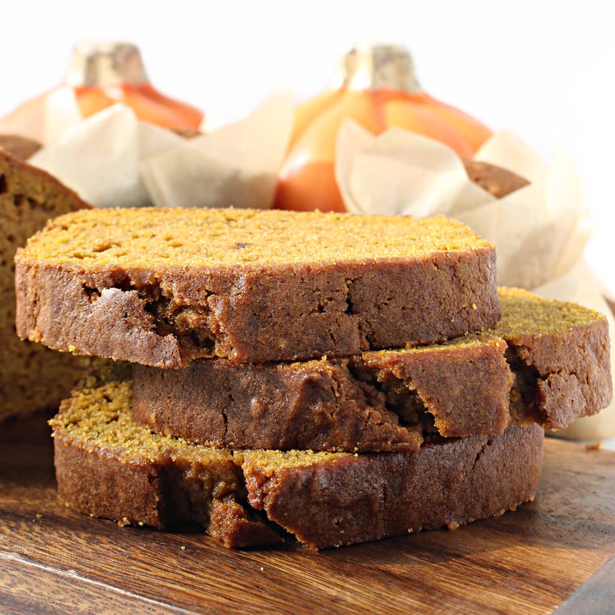 Stack of Downeast Pumpkin Bread slices.