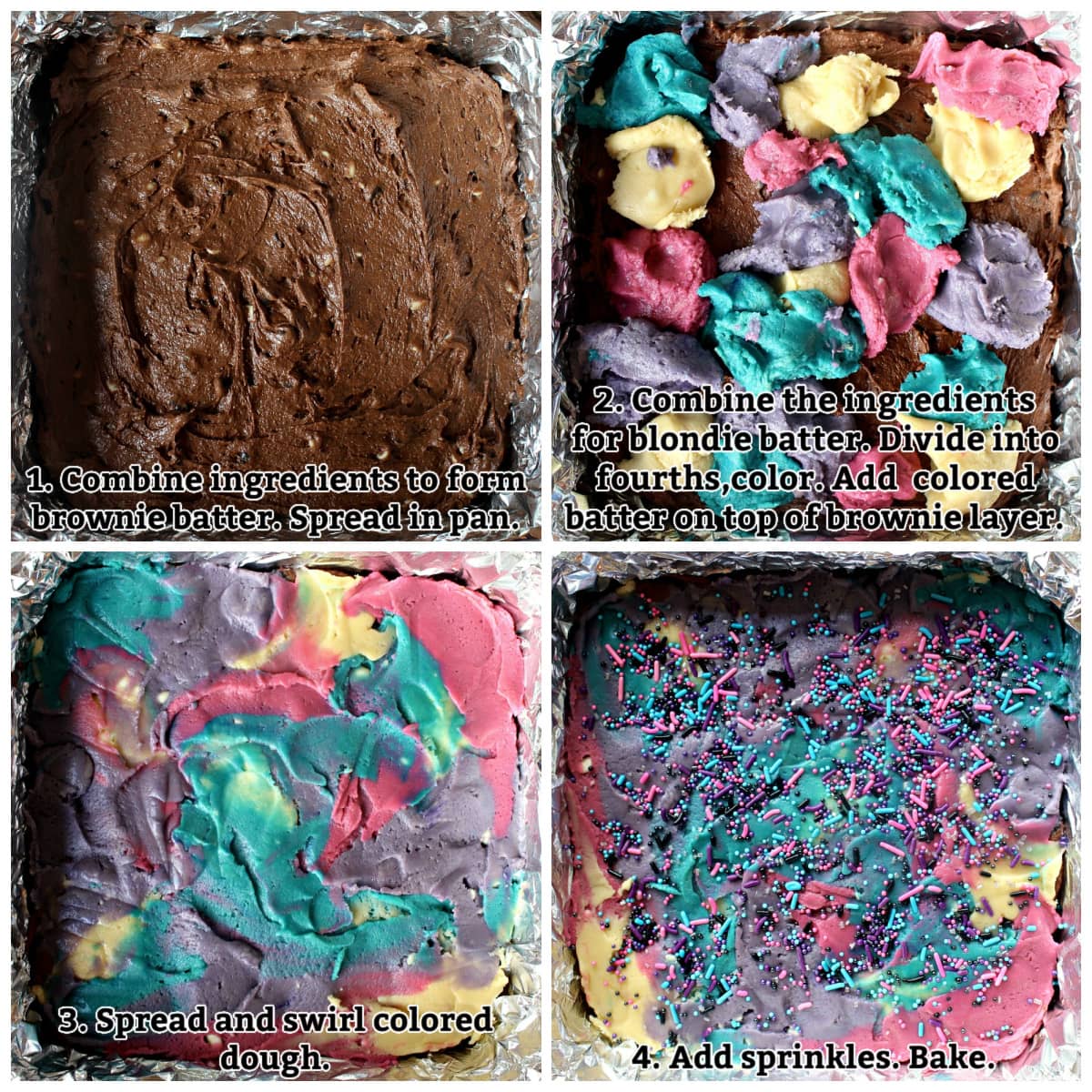 Instructions; spread brownie layer in pan, add colored blondie dough, spread blondie dough, add sprinkles. 