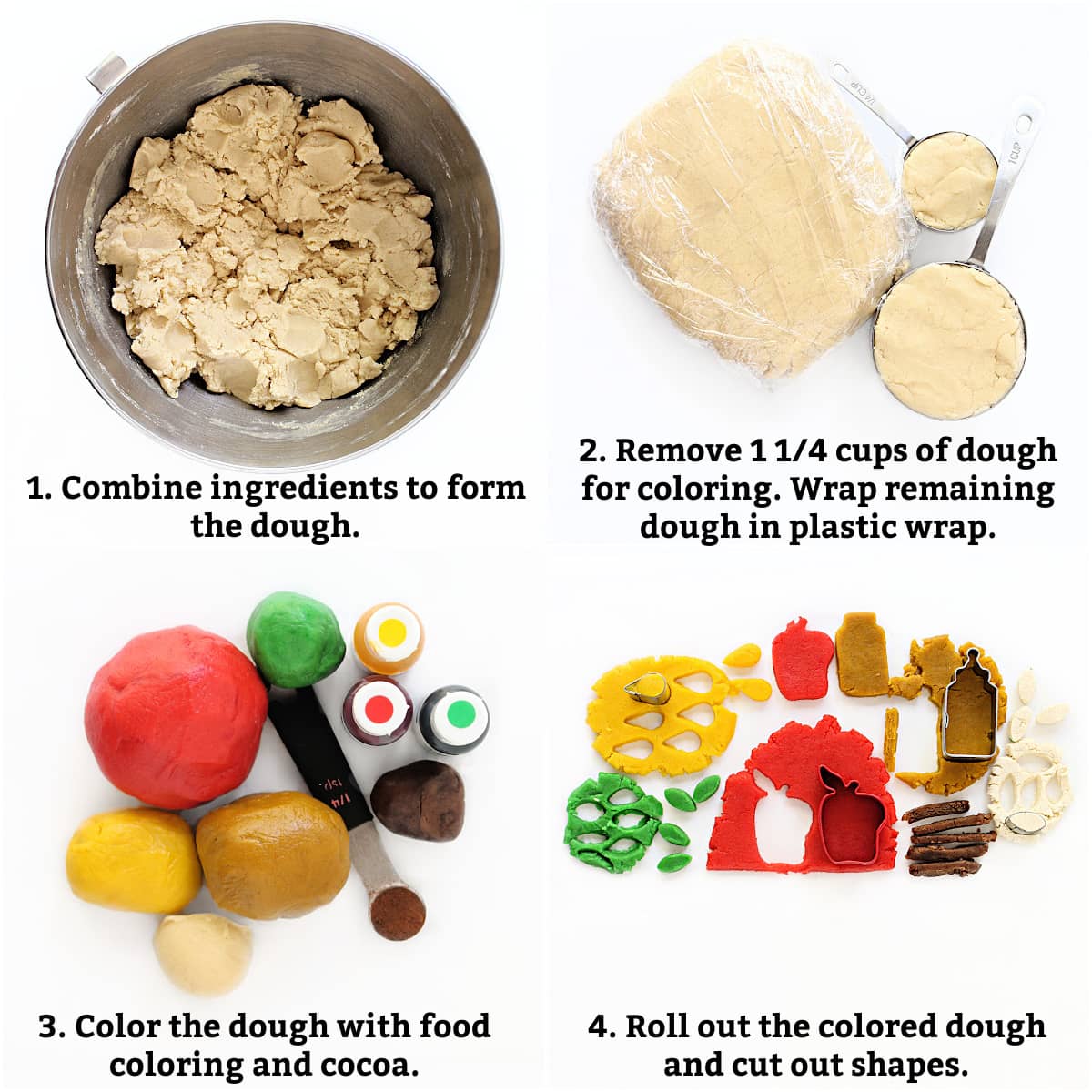 Instructions: combine ingredients, remove 1 ¼ cups dough, wrap remaining dough, color dough, roll out, cut shapes.