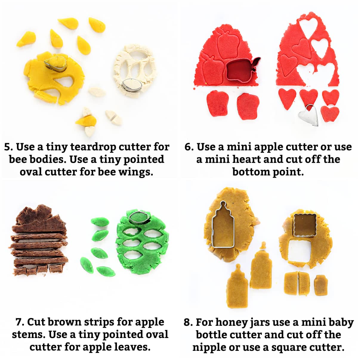 Instructions: yellow dough/ tear drop cutter  bee bodies, white dough/oval cutter  bee wings, red dough/apple cutter, brown dough/stems, green dough/ oval cutter leaves, gold dough dough/bottle cutter  jars.