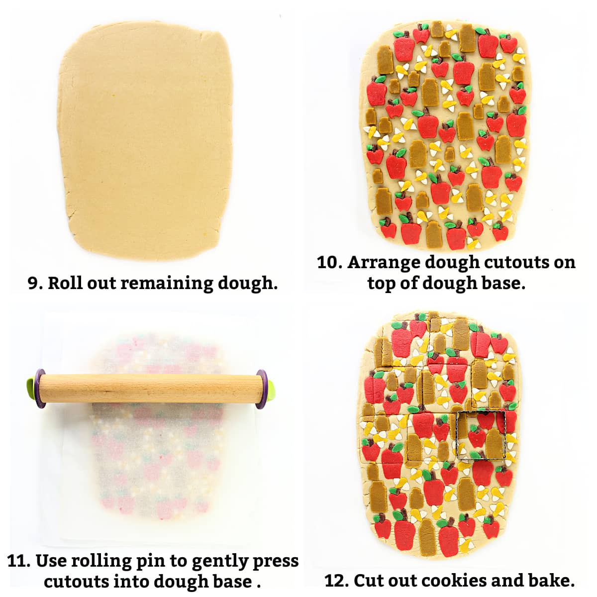 Instructions: roll out dough base, add cutouts, roll to press in cutouts, cut out cookies, bake.