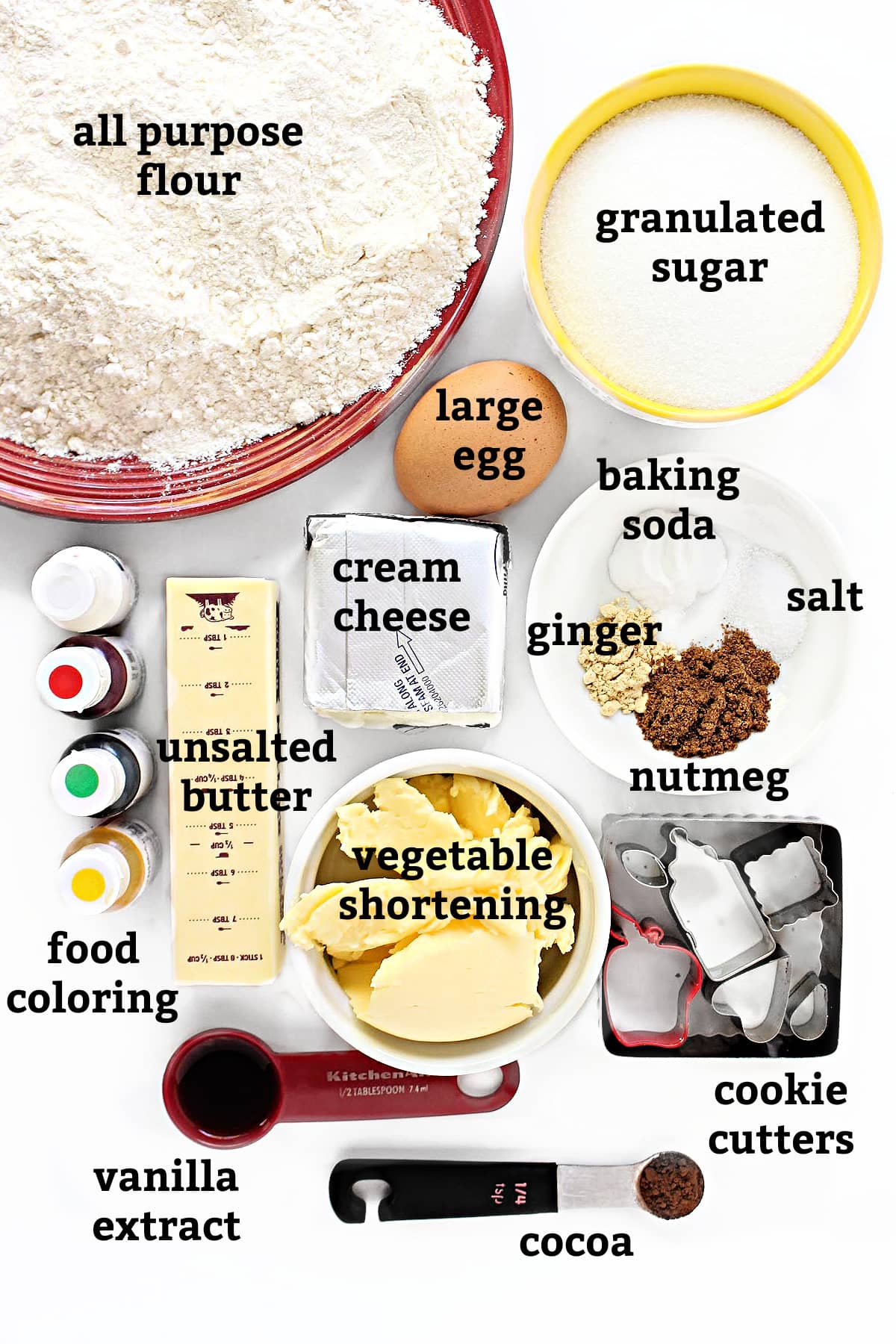 Ingredients: flour, sugar, egg, butter, cream cheese, shortening, baking soda, ginger, nutmeg, salt, vanilla, cocoa, coloring.