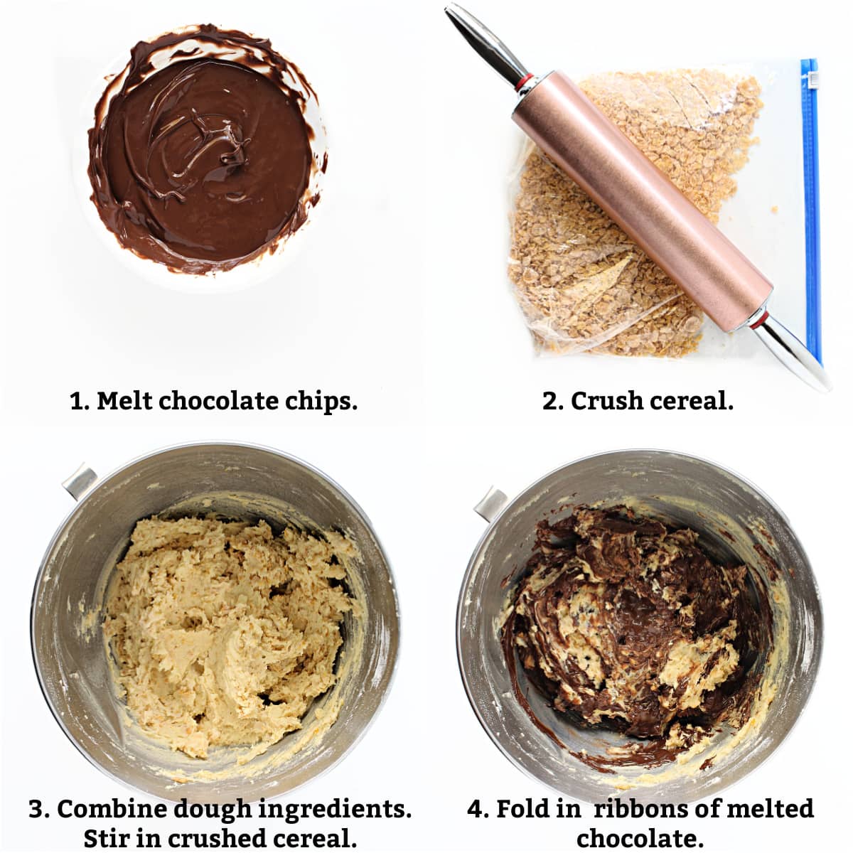 instructions: melt chips, crush cereal, combine ingredients and crushed cereal, fold in melted chocolate leaving chocolate ribbons.