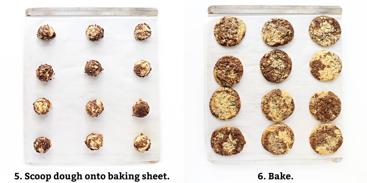 Instructions: scoop dough onto lined baking sheet, bake.