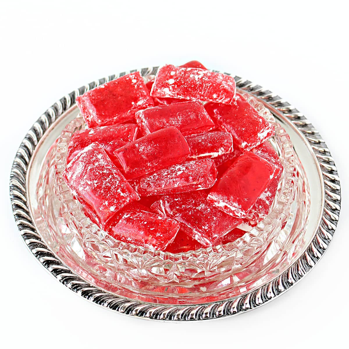 Cinnamon Hard Candy rectangles in a crystal candy dish.