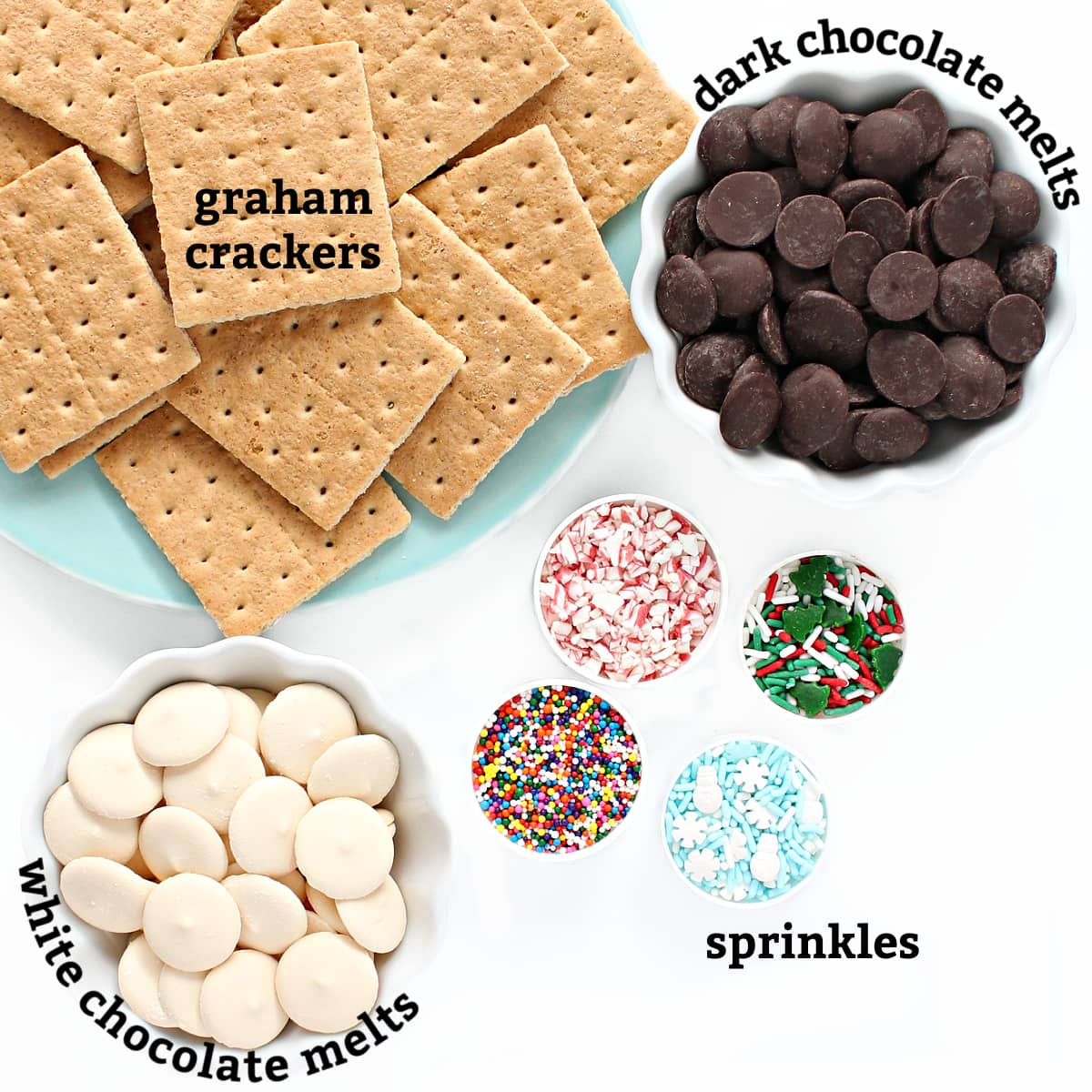 Ingredients: graham crackers, dark chocolate melts, white chocolate melts, sprinkles.