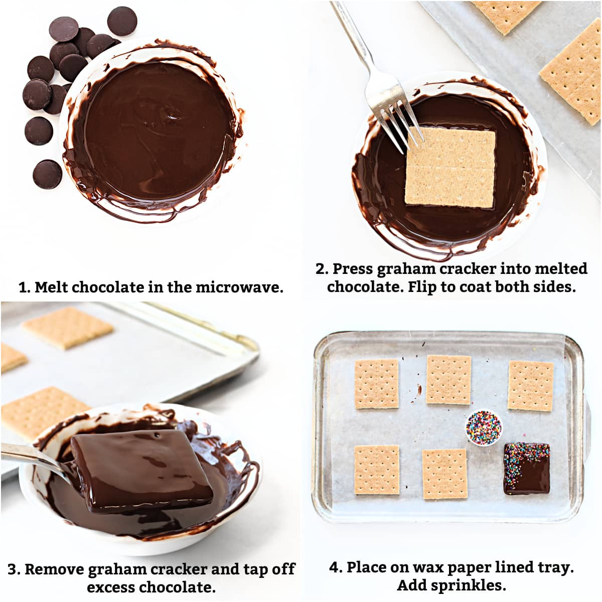 Instructions: melt chocolate, press grahams into chocolate, remove graham, tap off excess, on wax paper, sprinkle.