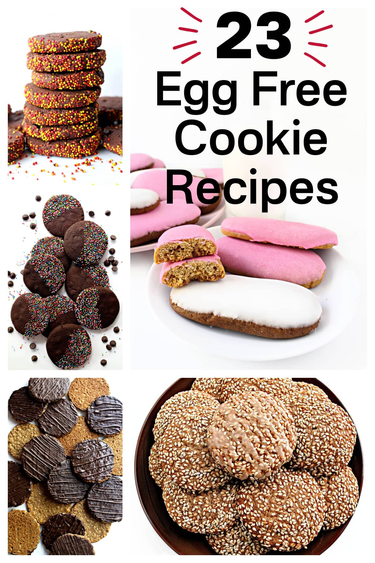 "23 Egg Free Cookie Recipes" text on collage of 5 different cookie images.