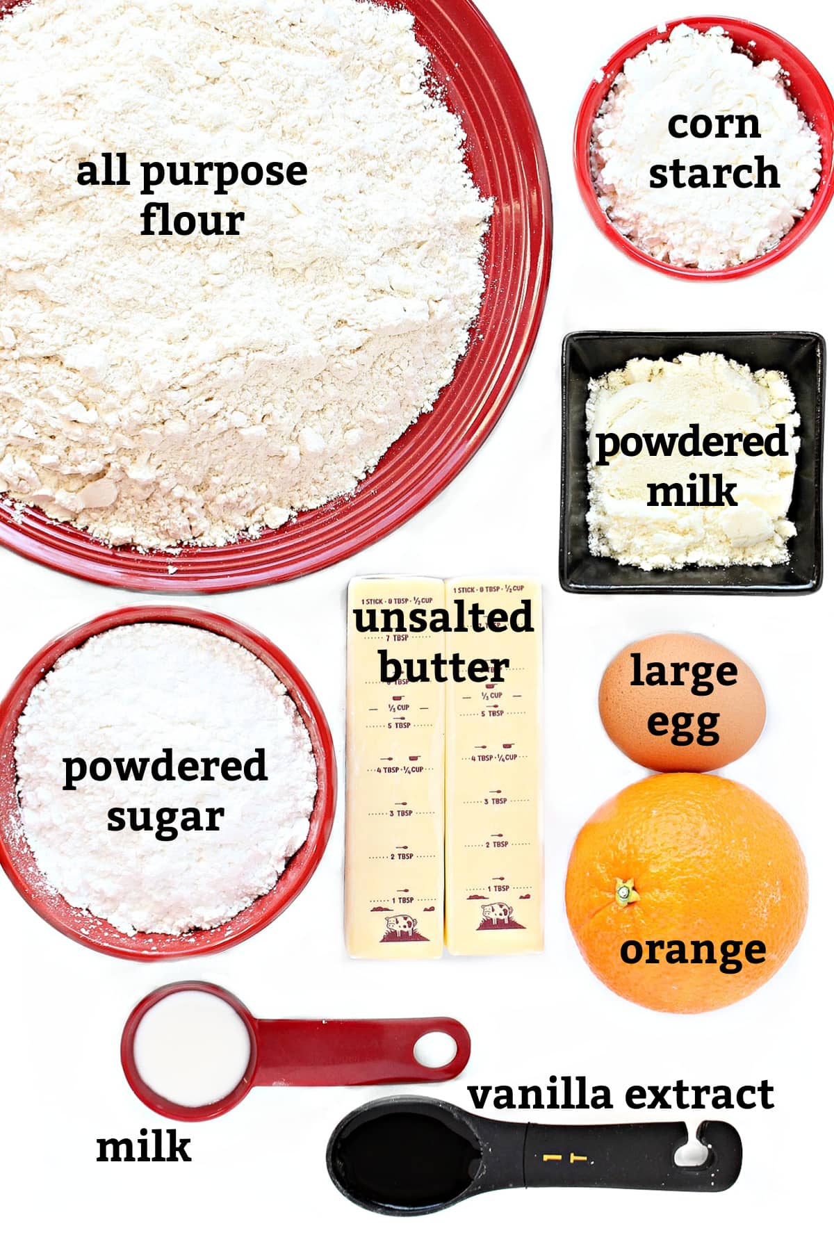 Cookie ingredients: all purpose flour, corn starch, powdered milk, powdered sugar, butter, egg, orange, milk, vanilla.