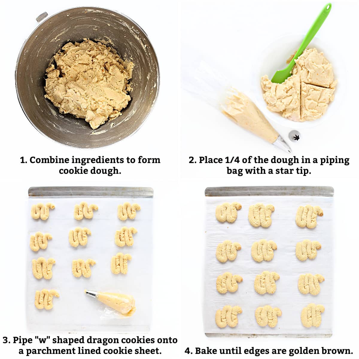 Cookie instructions: make dough, put dough in piping bag with large star tip, pipe "w" shapes, bake.