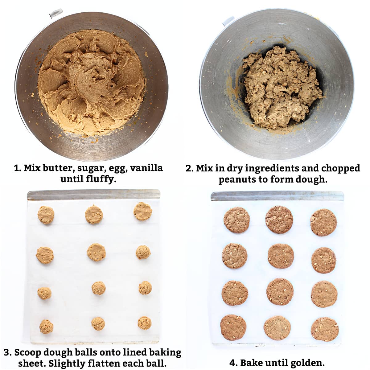 Instructions: cream butter, sugar, egg, vanilla, mix in dry ingredients and peanuts, shape dough balls,  bake.