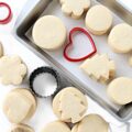 Flat cut out sugar cookies in different shapes with crisp, defined, no spread edges.