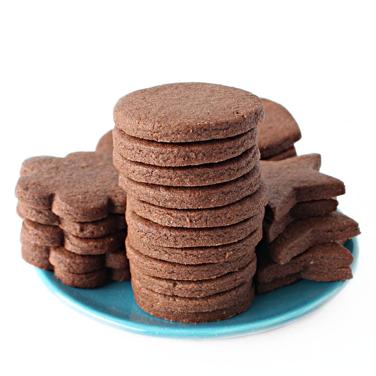 Stack of Chocolate Sugar Cookies circles showing the no spread, defined edges.